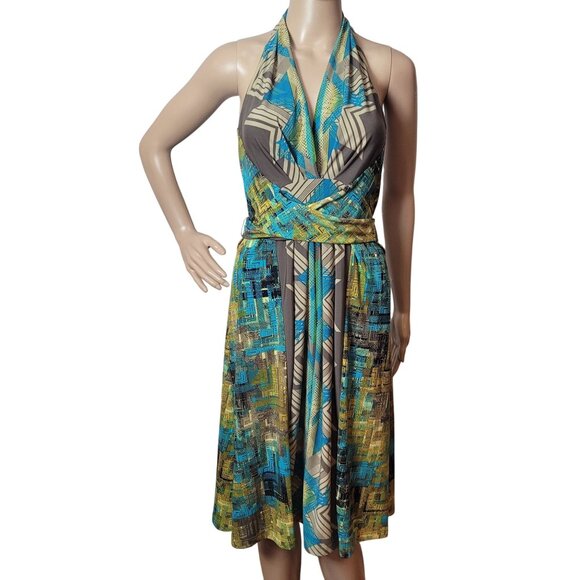 BCBGMAXAZRIA Teal Multicolor Abstract Patterned Halter Dress Size Sm V-neck Wrap - Picture 1 of 12